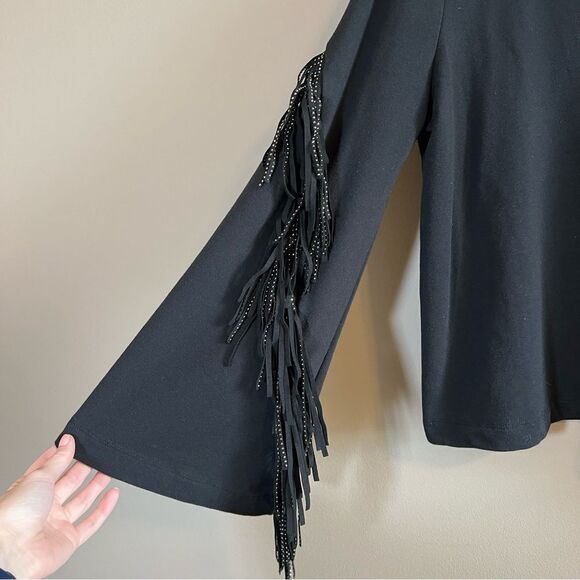✨ Moelleux Women’s Black Long Sleeve Top with Studded Arm Fringe Small - Picture 3 of 9